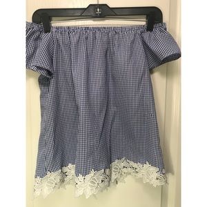 Blue and white checkered off the shoulder top